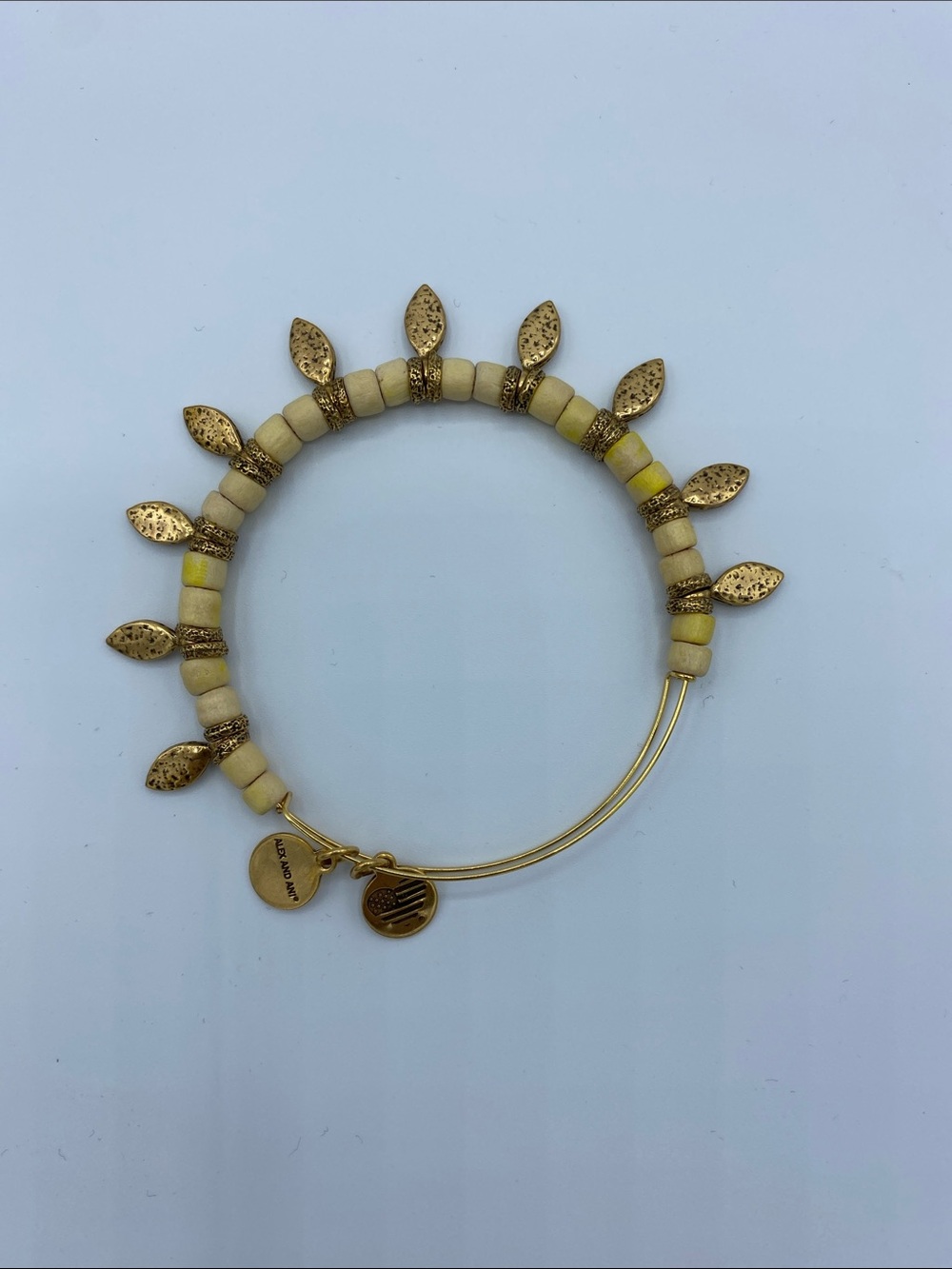 Alex and Ani Gold Leaf Charm Bracelet with Cream Beads